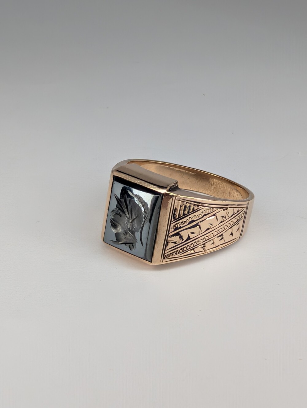 Vintage Hematite Ring - Mid Century 12k Yellow Gold Intaglio Carved Gray Gem